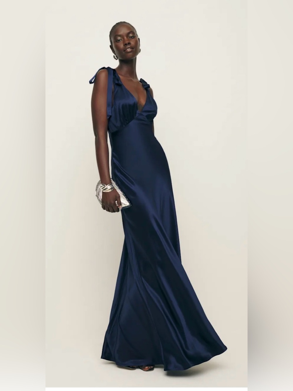 Reformation Navy Pernille 100% silk Maxi Dress with Tie Shoulders Sz 14 EUC
